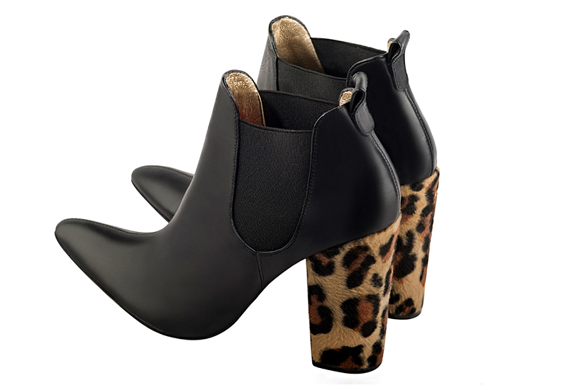 Satin black women's ankle boots, with elastics. Tapered toe. Very high block heels. Rear view - Florence KOOIJMAN